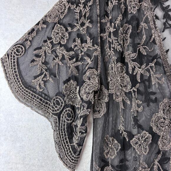 Origami Vivien Kimono Womens OS Embroidered Lace Sheer Boho Gypsy Leather Fringe - Picture 6 of 16